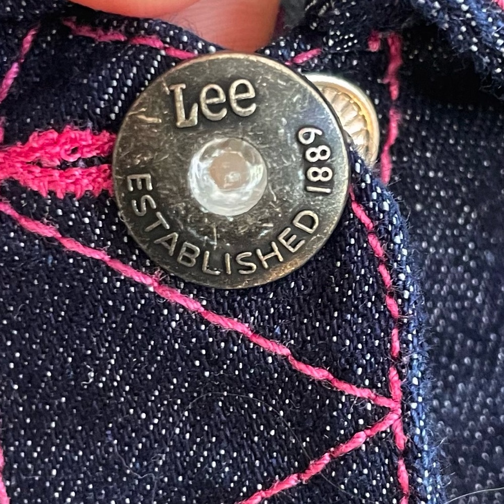 Vintage Y2K Lee Jeans Baby Girl Denim Vest, Rhinestone Buttons, Pink Stitching - Picture 2 of 12